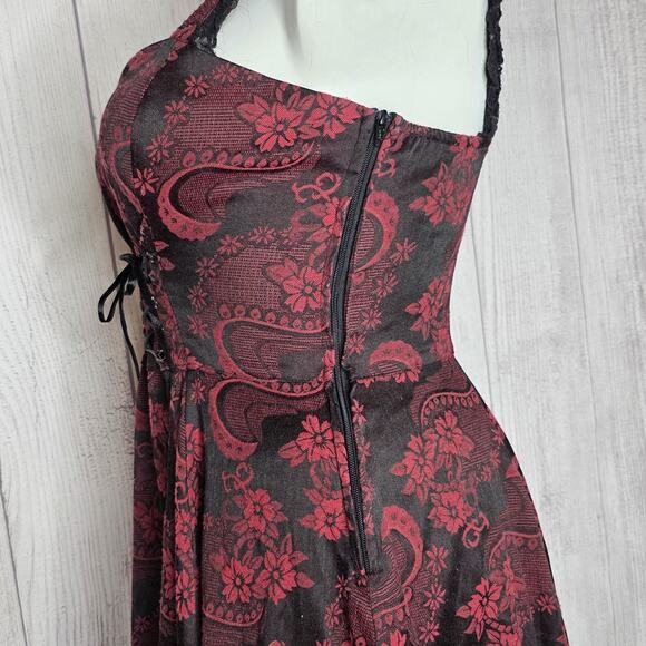 Hearts & Roses Corset Dress Gothic Lolita Black & Wine Red Floral, sz 12 - Picture 4 of 6
